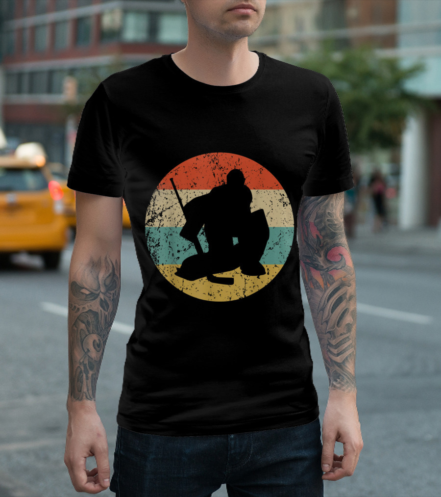 Vintage Hockey Goalie Silhouette Retro Stripes T-Shirt
