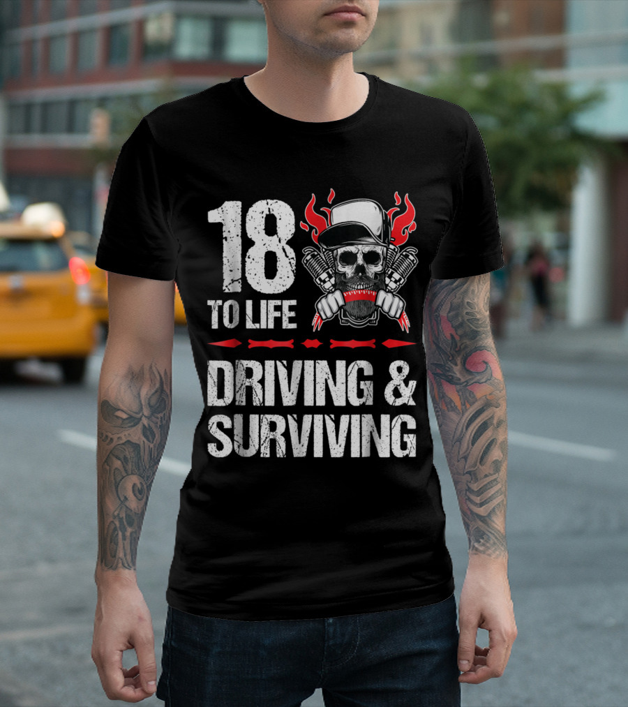 18 to Life Driving and Surviving Trucker Skull Flames T-Shirt