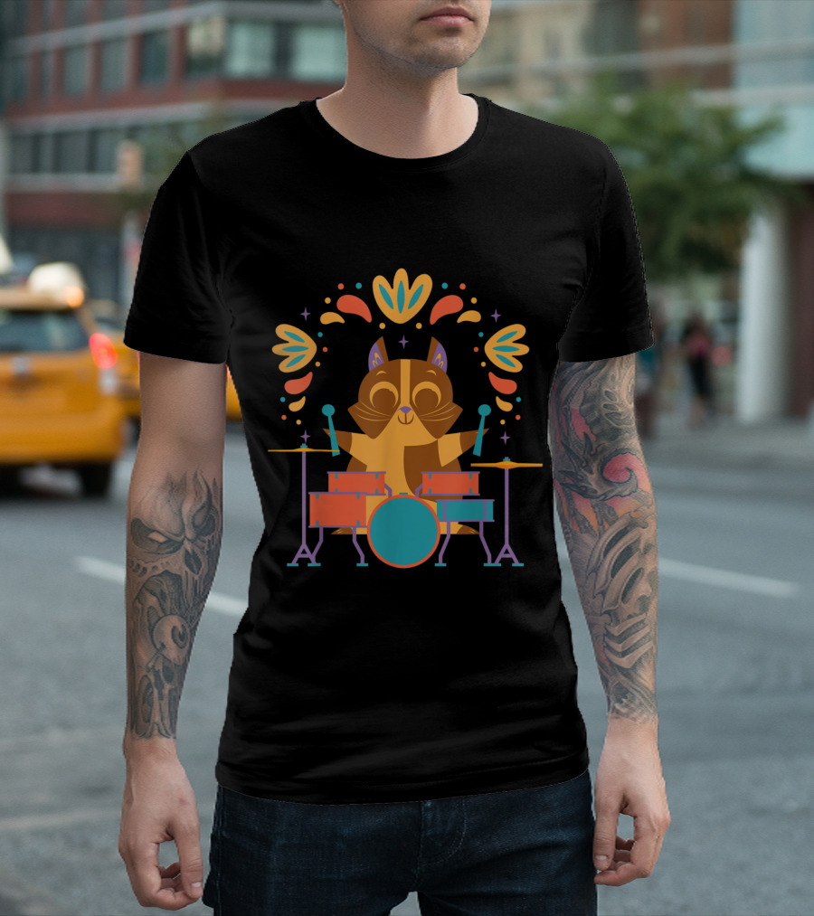Cat Playing Drums Surrounded by Colorful Patterns and Symbols T-Shirt