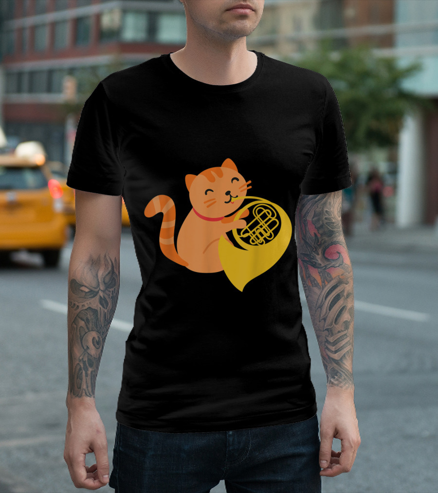 Cat Playing French Horn with Joyful Musical T-Shirt