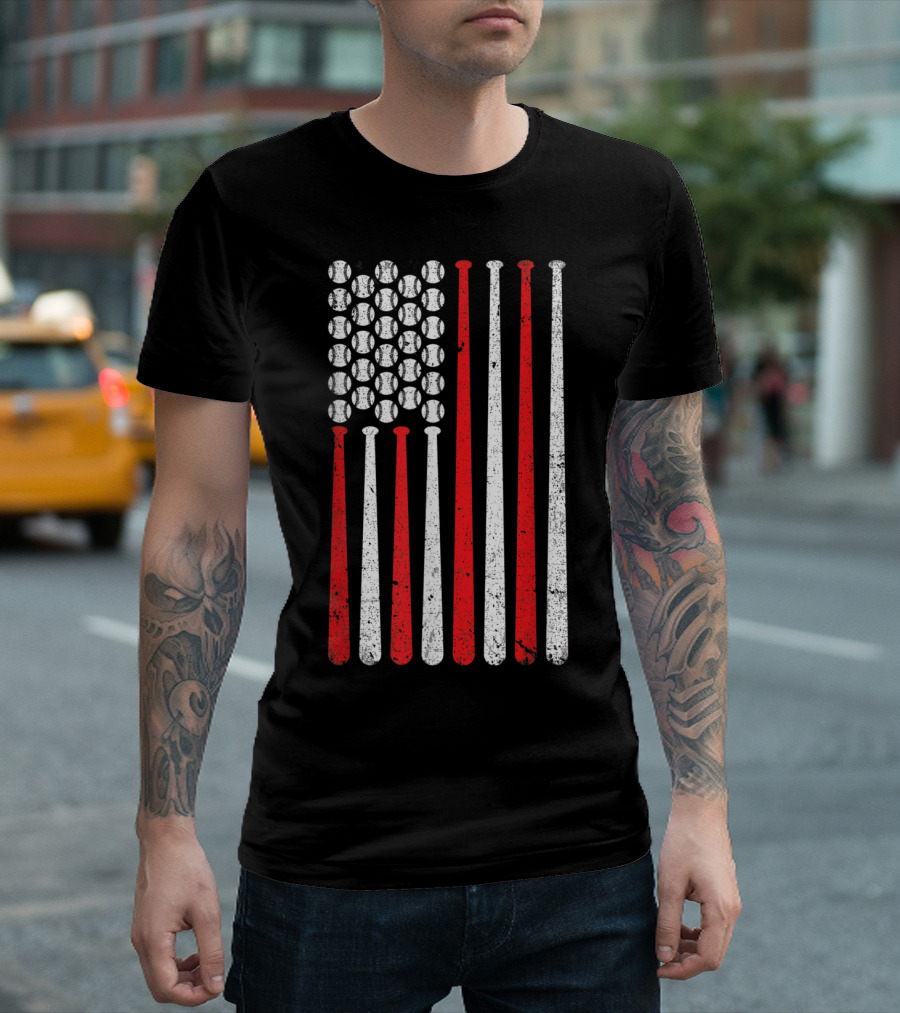 Baseball Bat American Flag with Baseballs Fourth of July USA T-Shirt