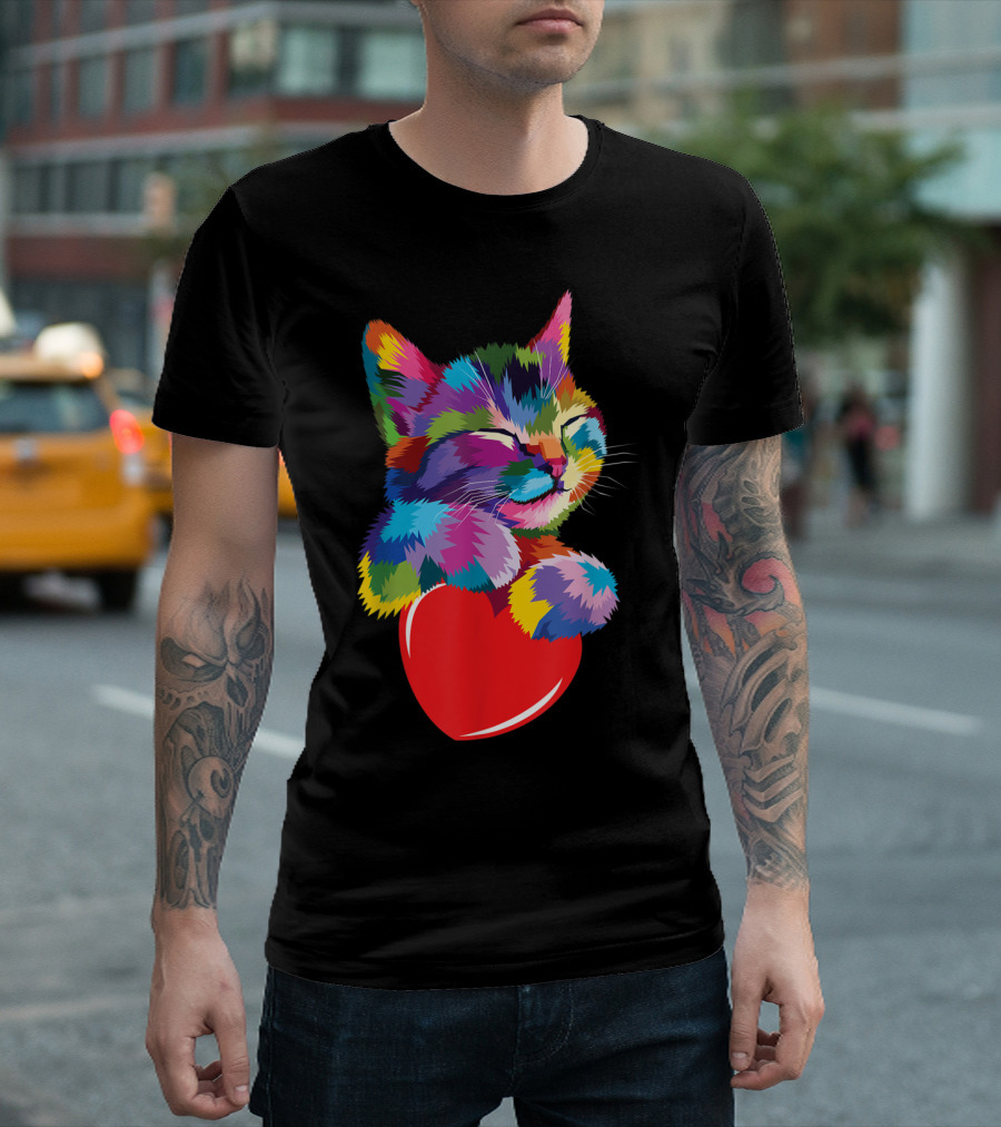 Colorful Cat with Heart for Kitten Lovers T-Shirt