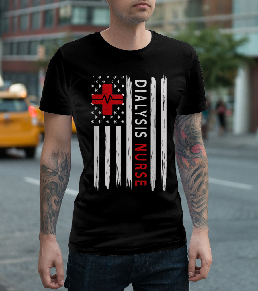 Dialysis Nurse American Flag with Red Cross and Heartbeat T-Shirt
