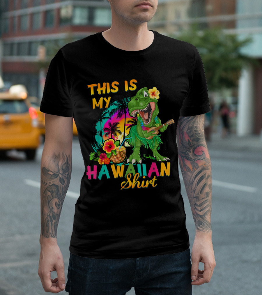 Hawaiian Shirt Dinosaur Playing Guitar with Tropical Flowers and Palm Trees T-Shirt