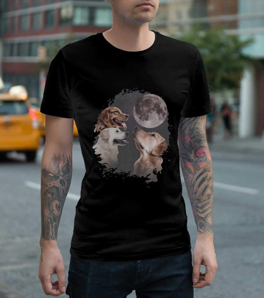 Funny Three Golden Retriever Moon Wolf Parody With Night Sky T-Shirt