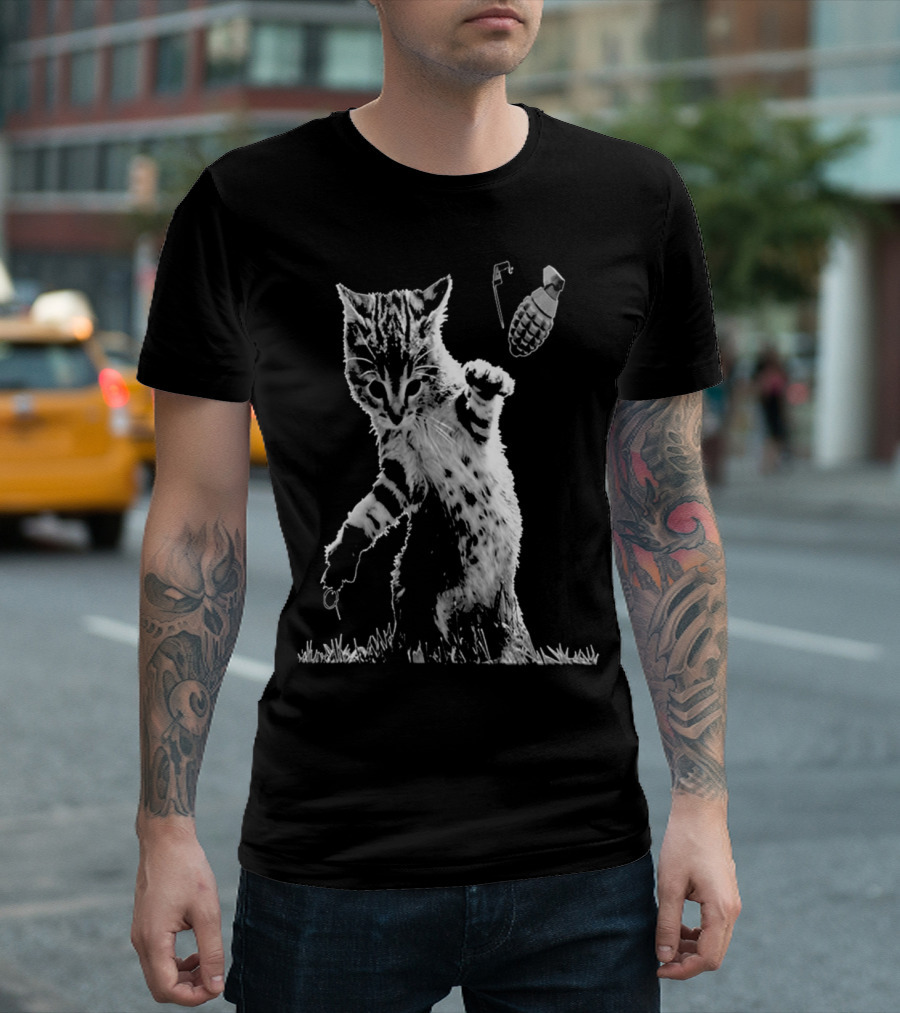 Catastrophe Cat Hurling Explosive Grenade Action Scene T-Shirt
