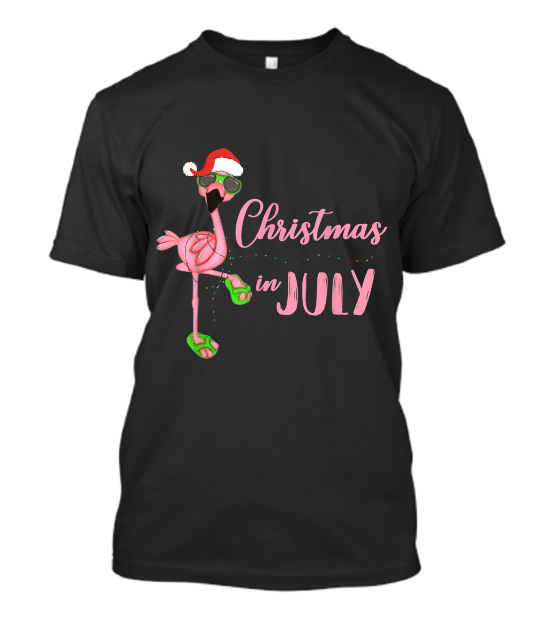 Christmas In July Flamingo Santa Hat With Christmas Lights T-Shirt