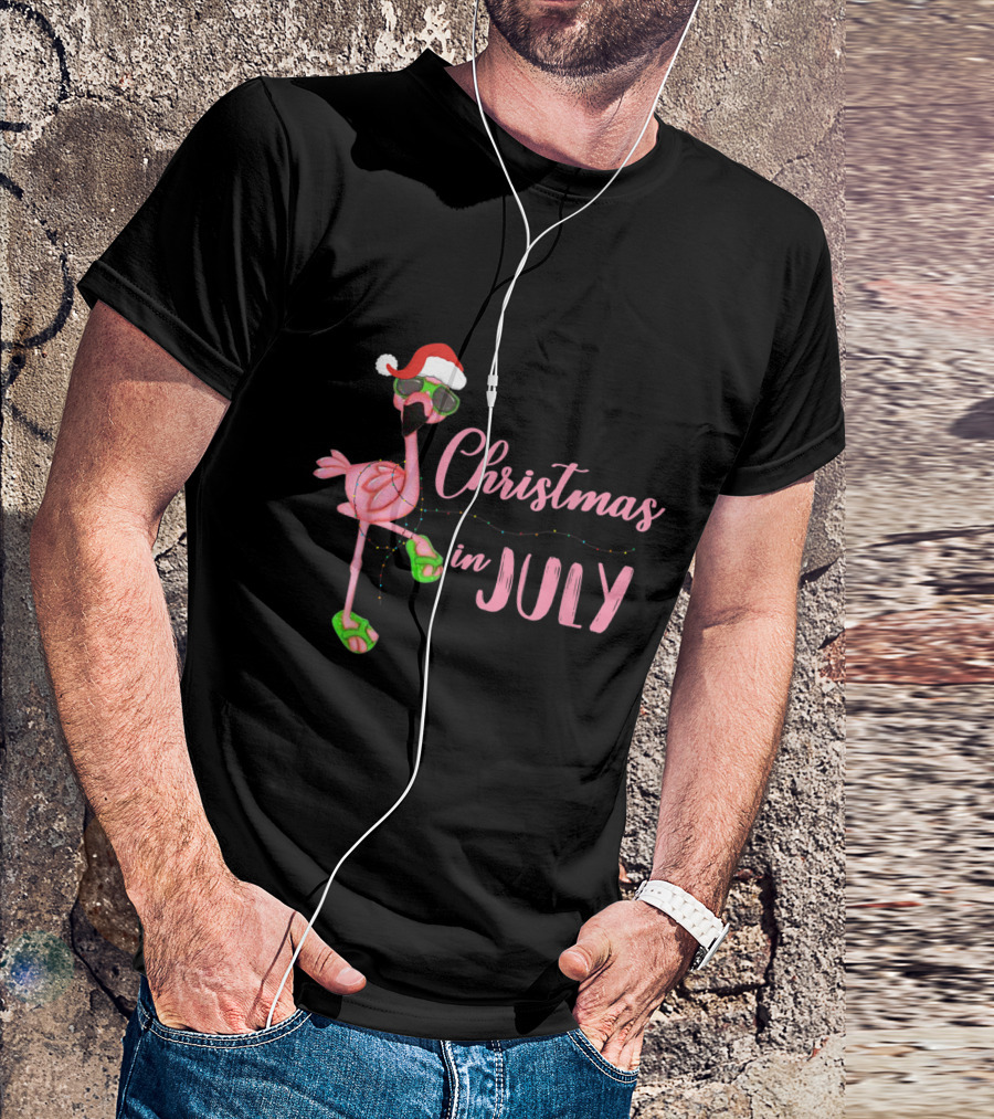 Christmas In July Flamingo Santa Hat With Christmas Lights T-Shirt