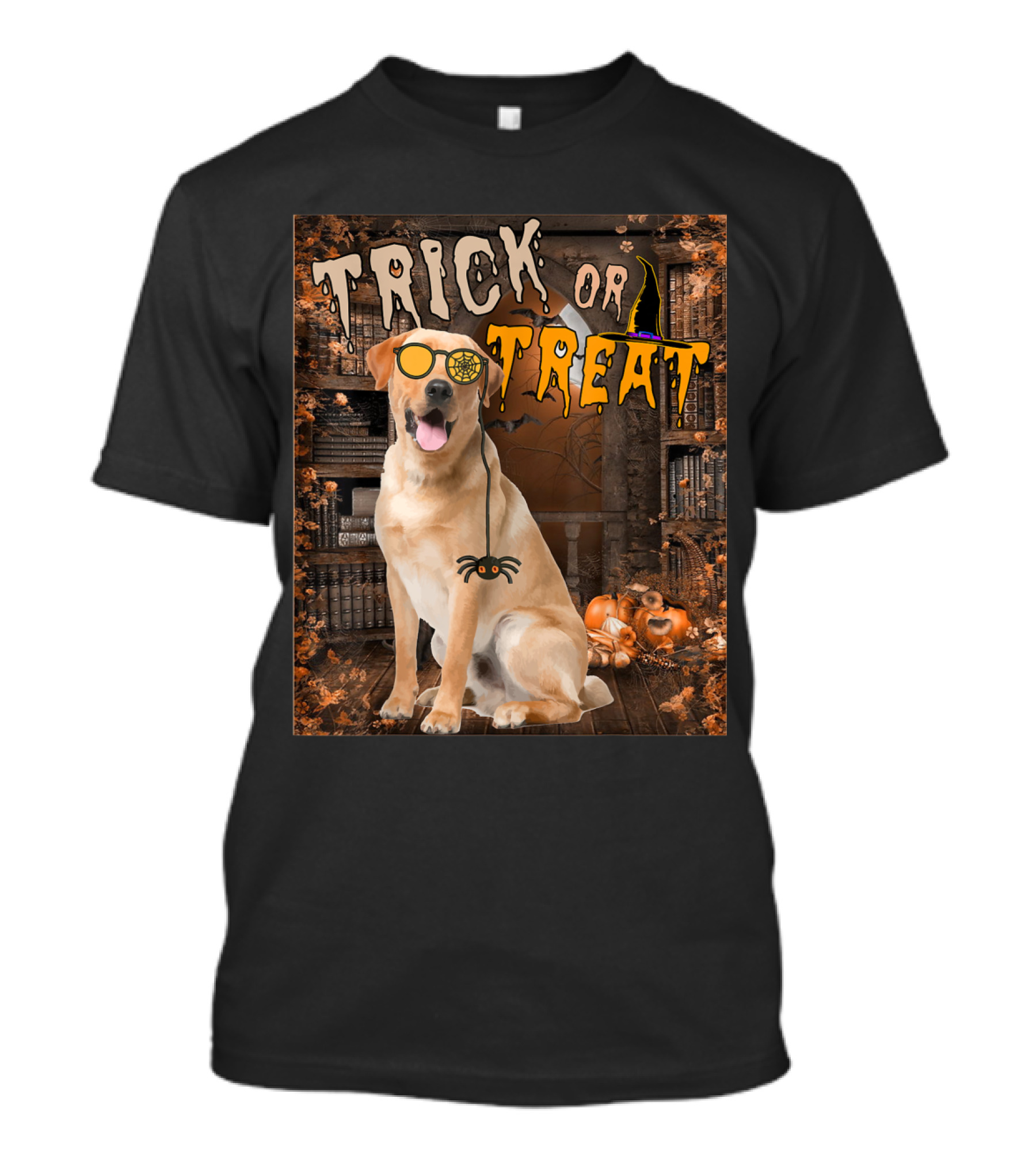 TRICK OR TREAT Labrador Retriever Halloween Dog With Spider Glasses T-Shirt