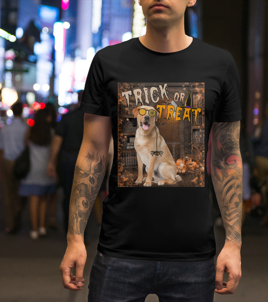 TRICK OR TREAT Labrador Retriever Halloween Dog With Spider Glasses T-Shirt