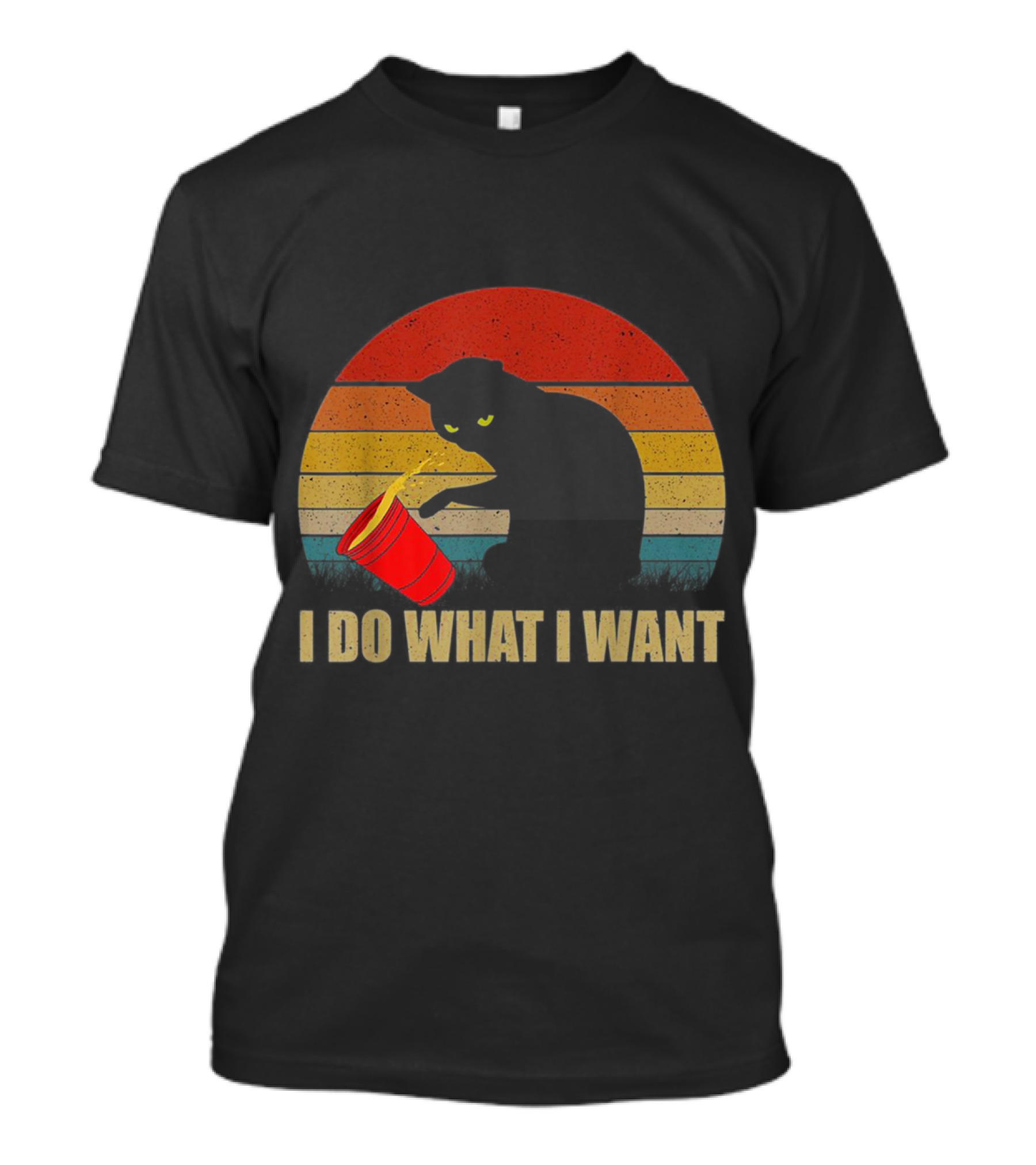 I Do What I Want Cat Spilling Red Cup Retro Sunset Stripes T-Shirt