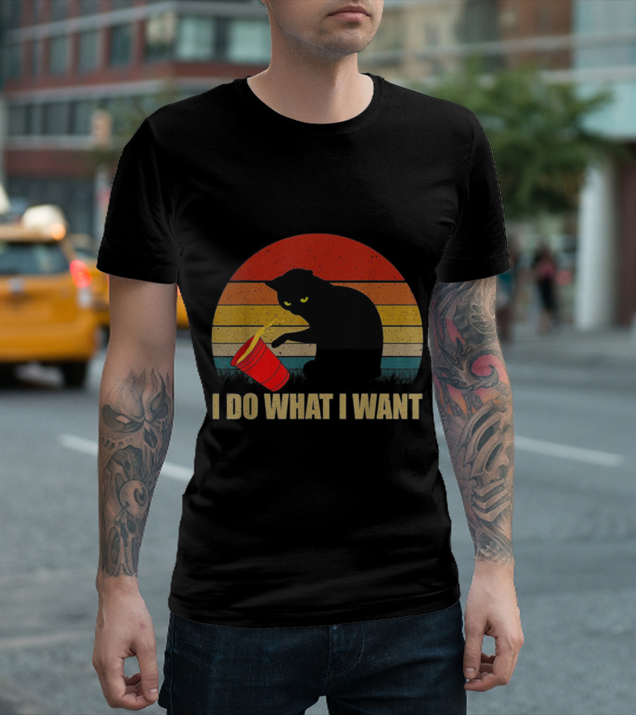 I Do What I Want Cat Spilling Red Cup Retro Sunset Stripes T-Shirt