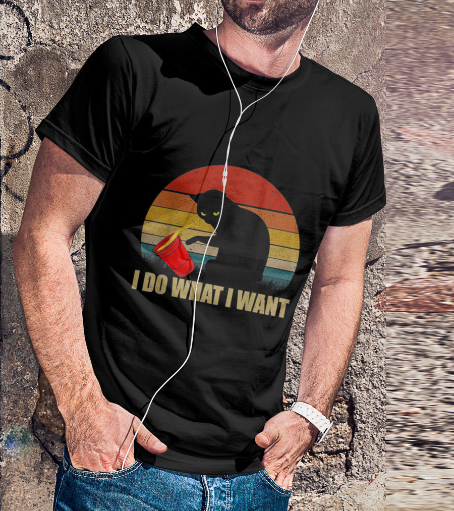 I Do What I Want Cat Spilling Red Cup Retro Sunset Stripes T-Shirt