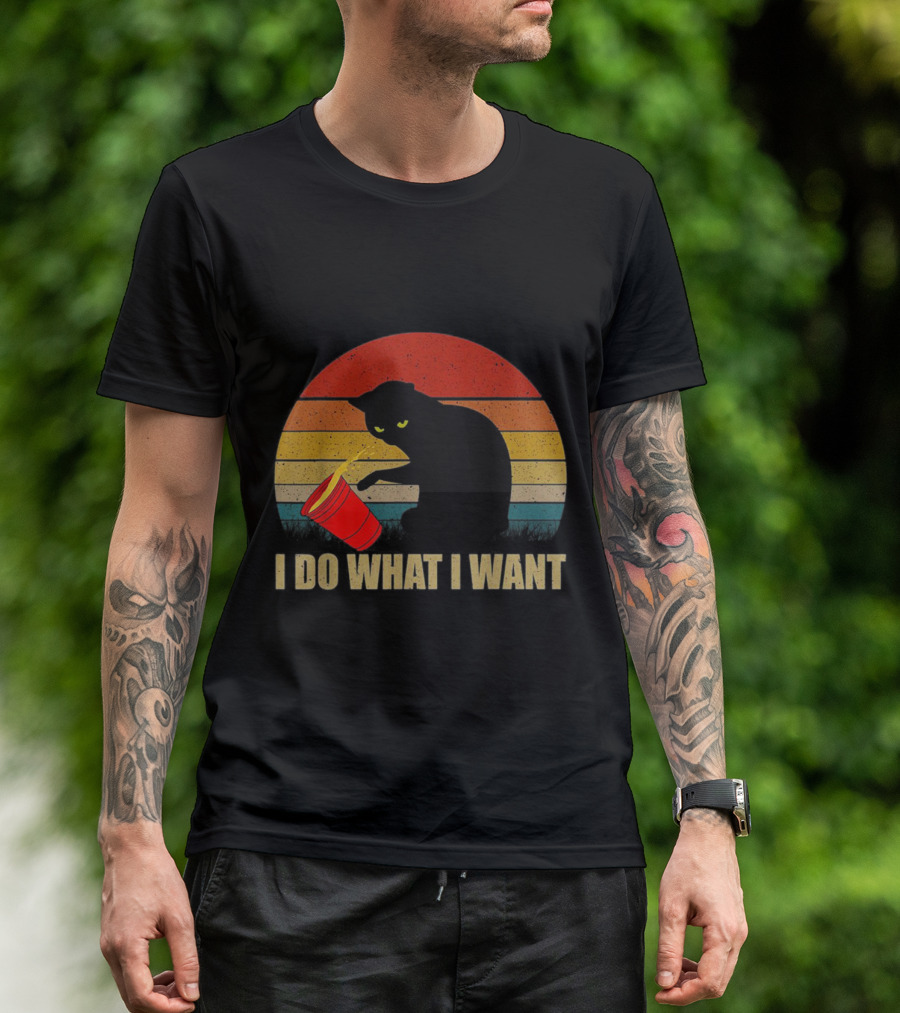 I Do What I Want Cat Spilling Red Cup Retro Sunset Stripes T-Shirt