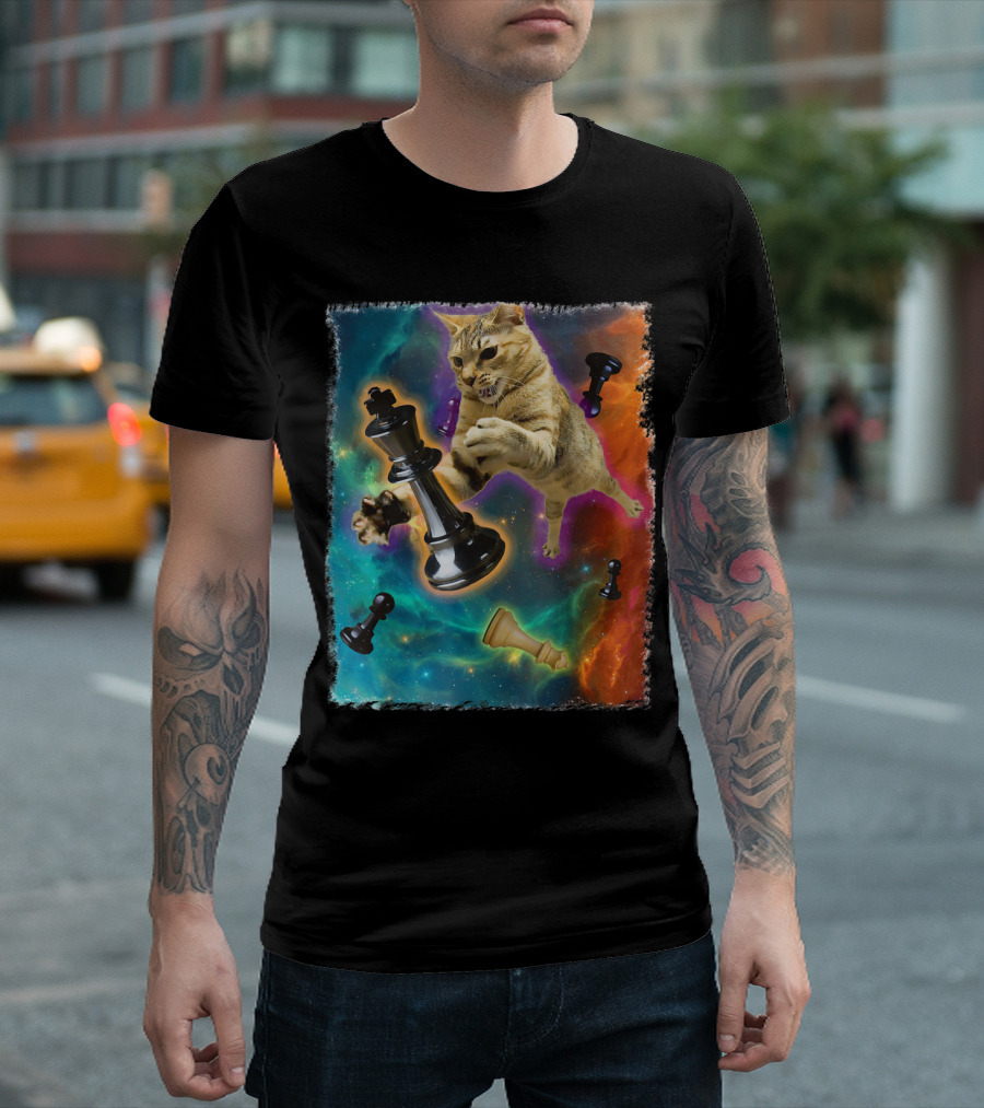 Cats Battling Chess Pieces in Cosmic Space Adventure T-Shirt