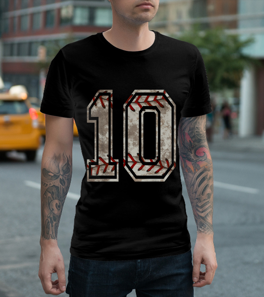 Vintage Baseball Jersey Number 10 Grunge Distressed Style with Red Stitching T-Shirt