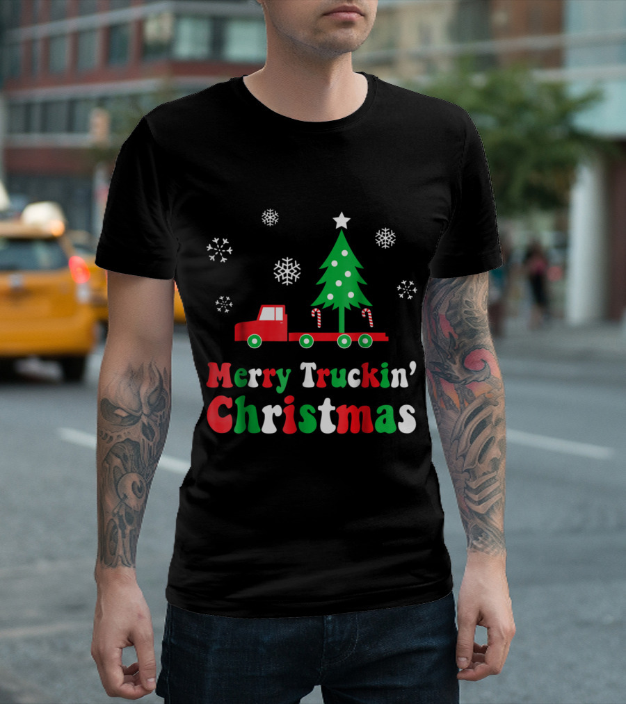 Merry Truckin' Christmas Funny Trucker with Tree and Snowflakes T-Shirt