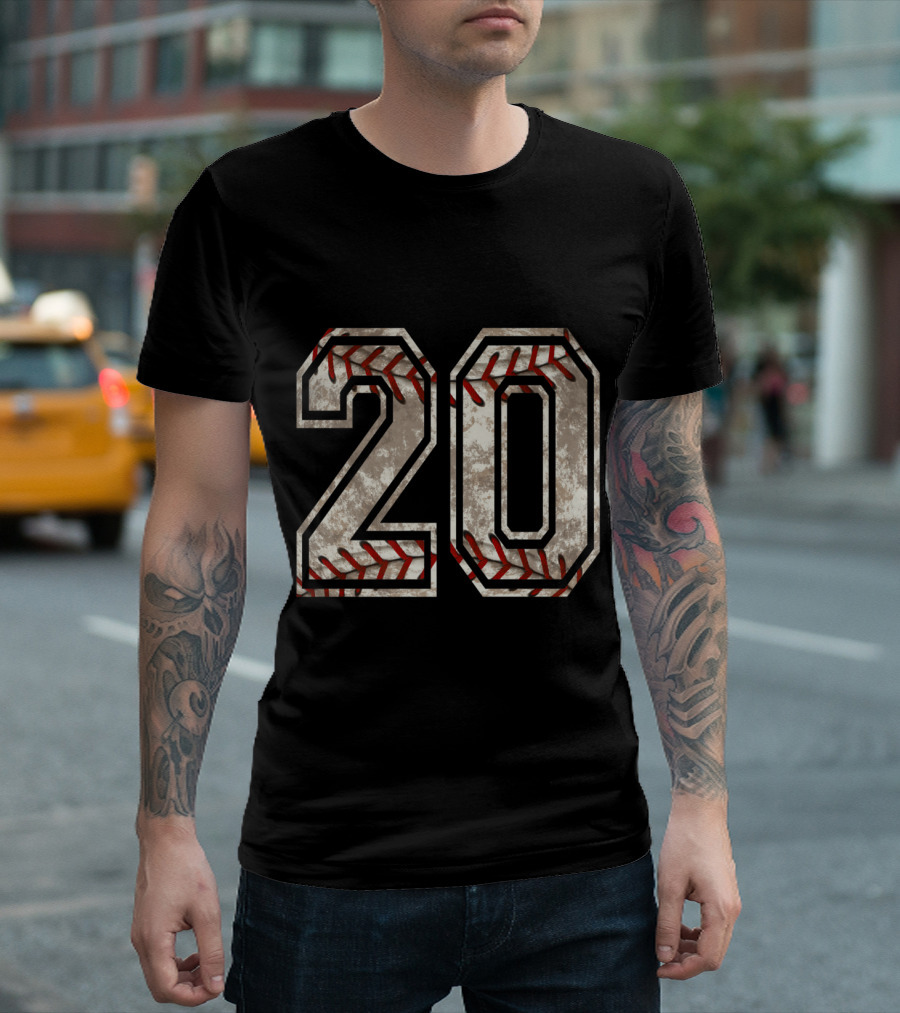 Baseball Jersey Number 20 Vintage Distressed Design With Red Stitching T-Shirt