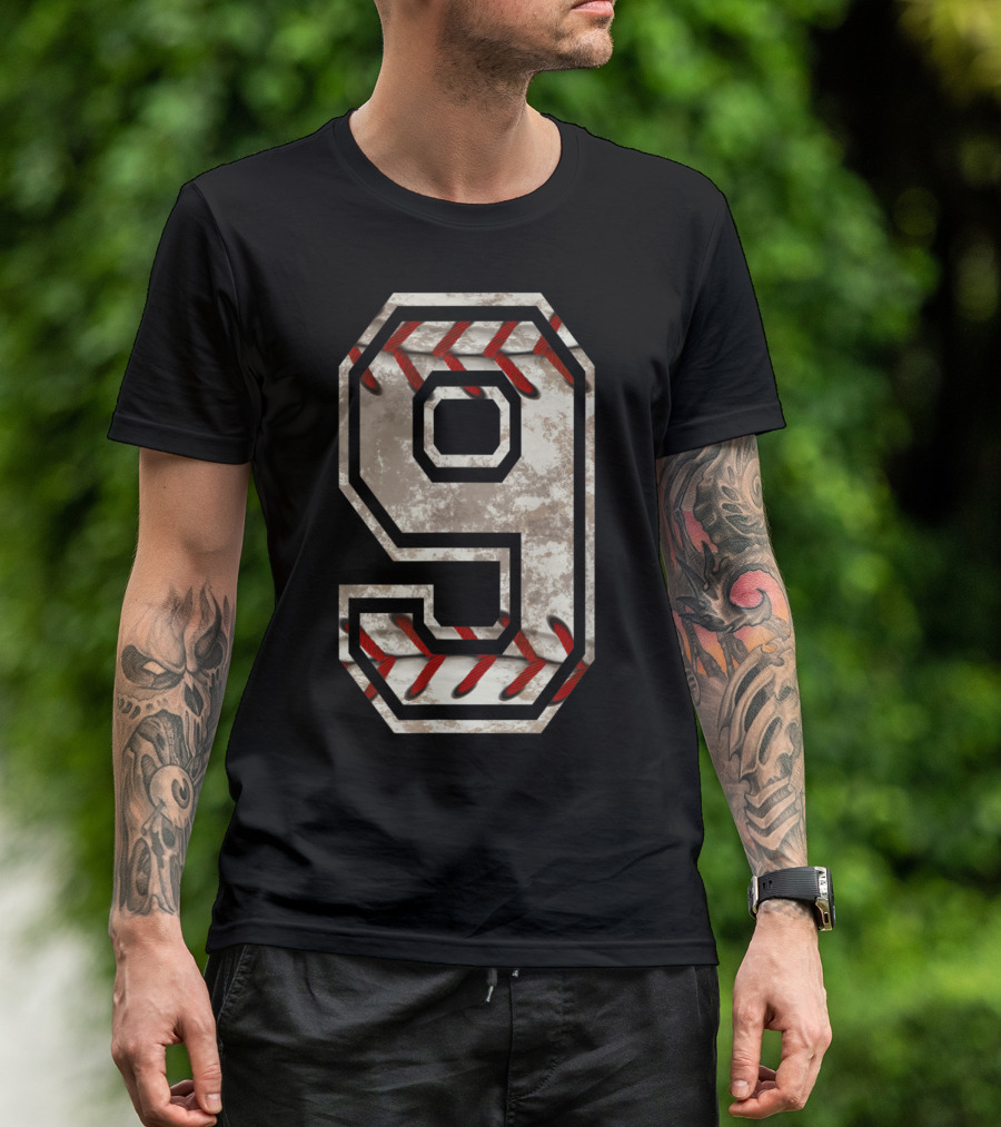 Vintage Baseball Jersey Number 9 Distressed Stitching T-Shirt