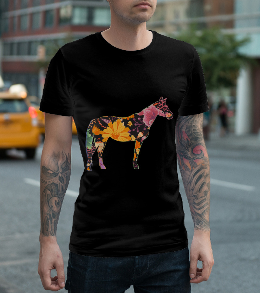 Floral Flower Vintage Horse Silhouette With Colorful Botanical T-Shirt