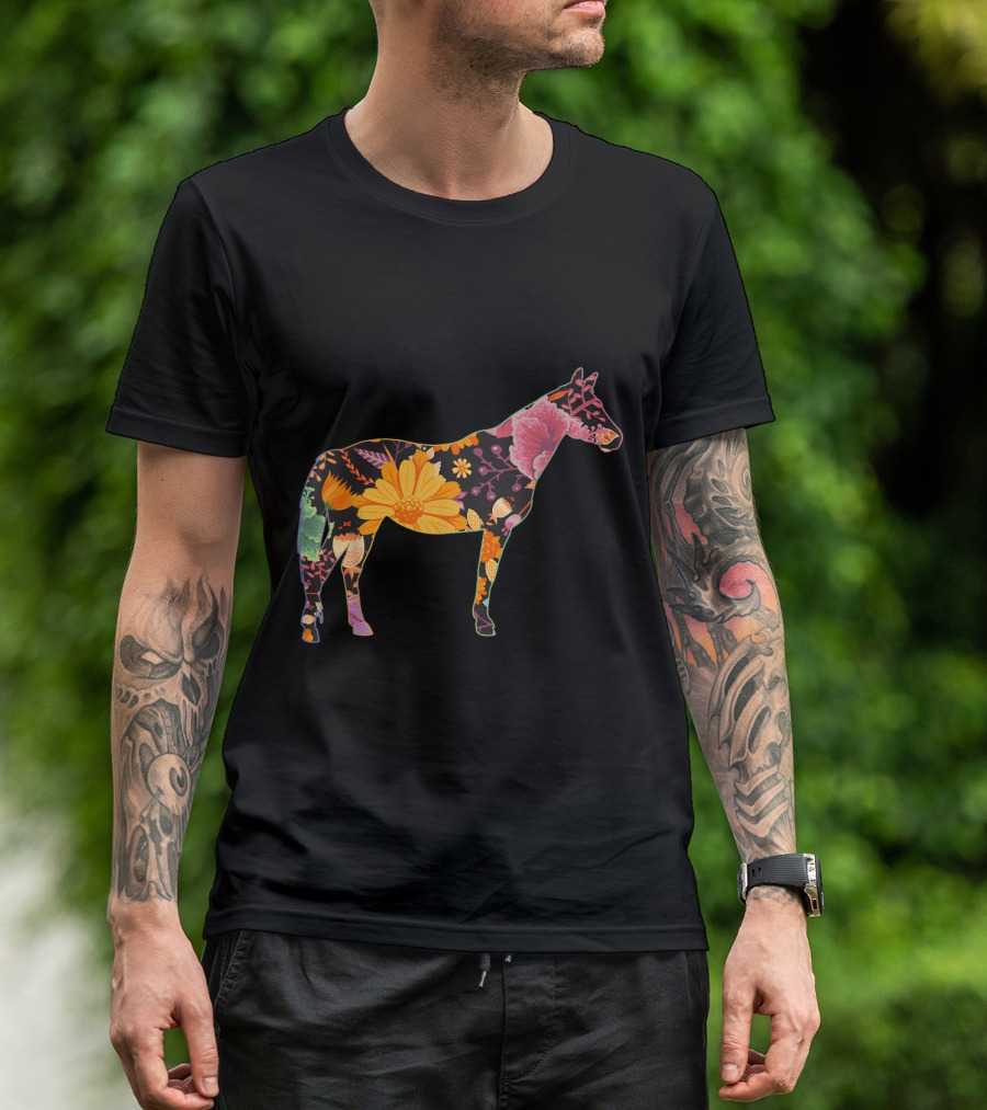 Floral Flower Vintage Horse Silhouette With Colorful Botanical T-Shirt