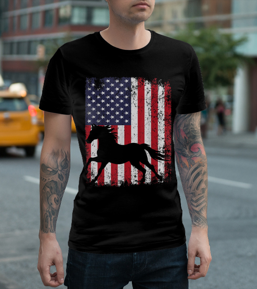 American Flag Horse 4th Of July USA Patriot Love T-Shirt