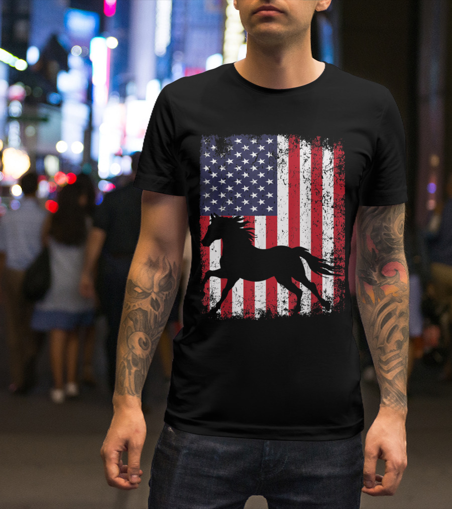 American Flag Horse 4th Of July USA Patriot Love T-Shirt