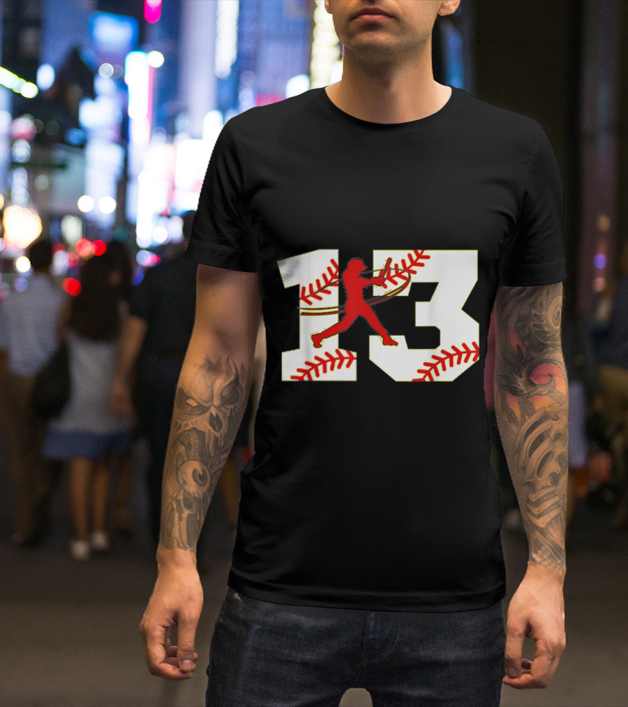 Baseball 13 Jersey Batter Graphic With Red Stitching Number T-Shirt