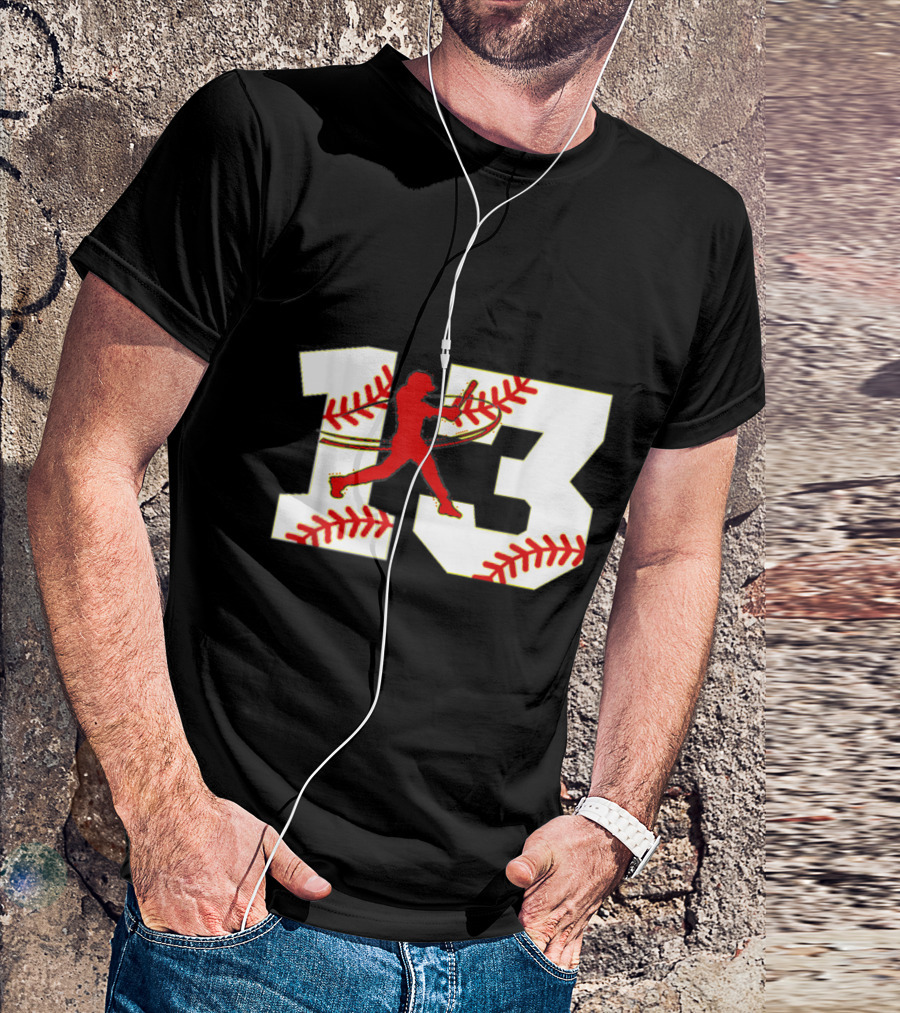 Baseball 13 Jersey Batter Graphic With Red Stitching Number T-Shirt