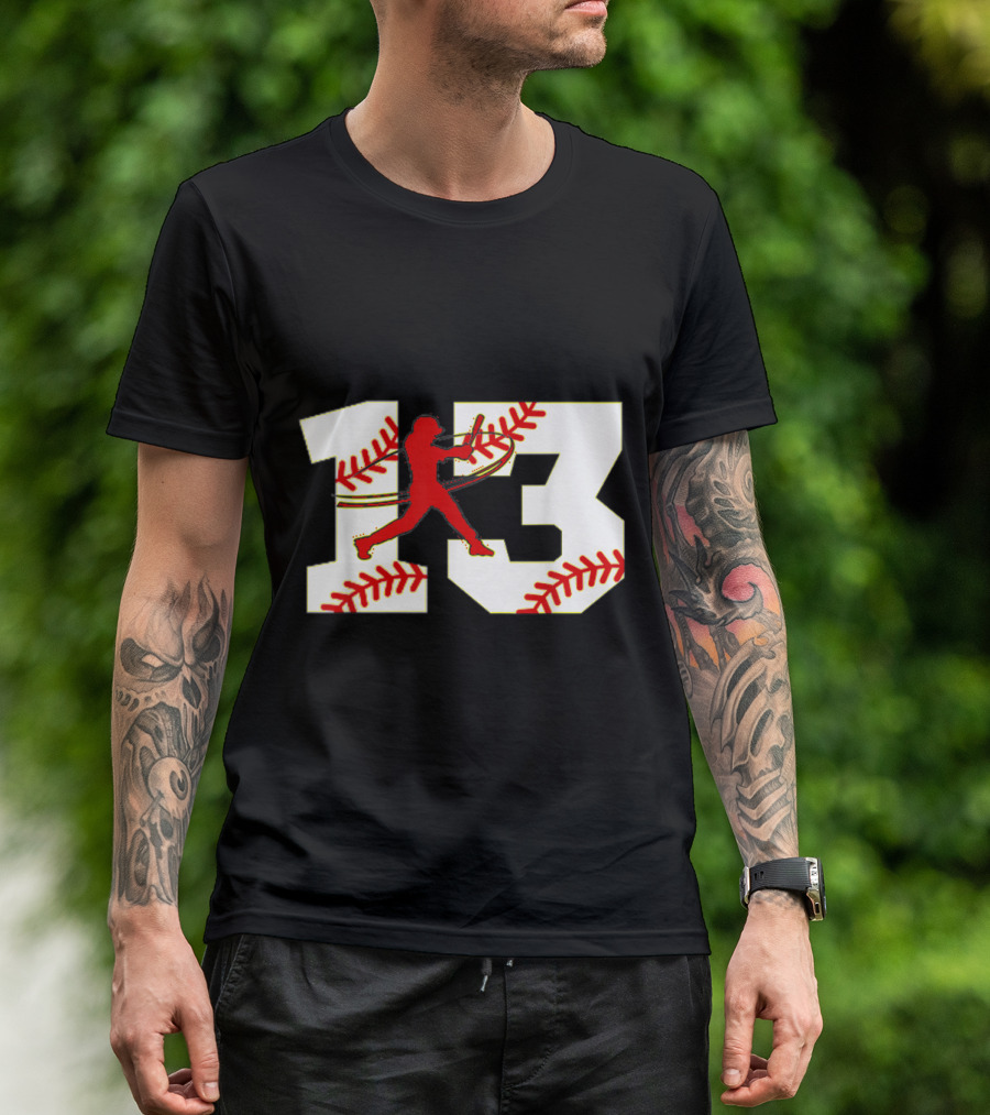 Baseball 13 Jersey Batter Graphic With Red Stitching Number T-Shirt