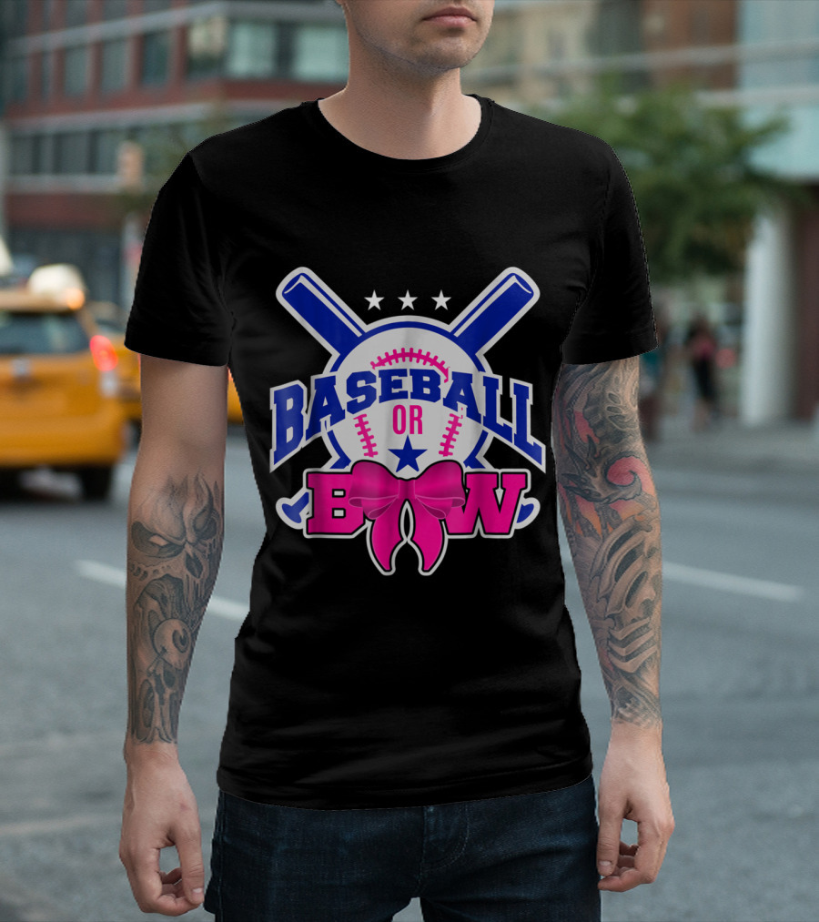 Baseball or Bow Baby Pregnant Gender Reveal Theme with Stars and Crossed Bats T-Shirt