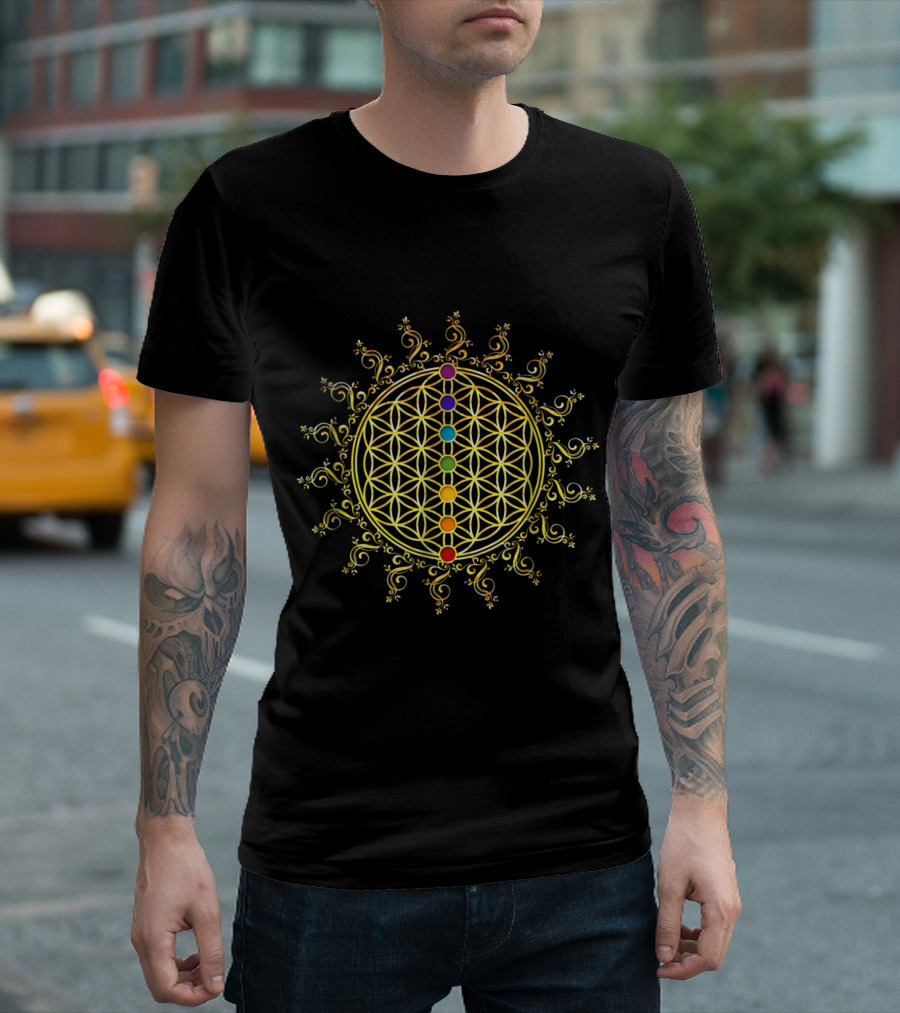 Flower Of Life Sacred Geometry With Chakra Alignment And Yoga Symbolism T-Shirt