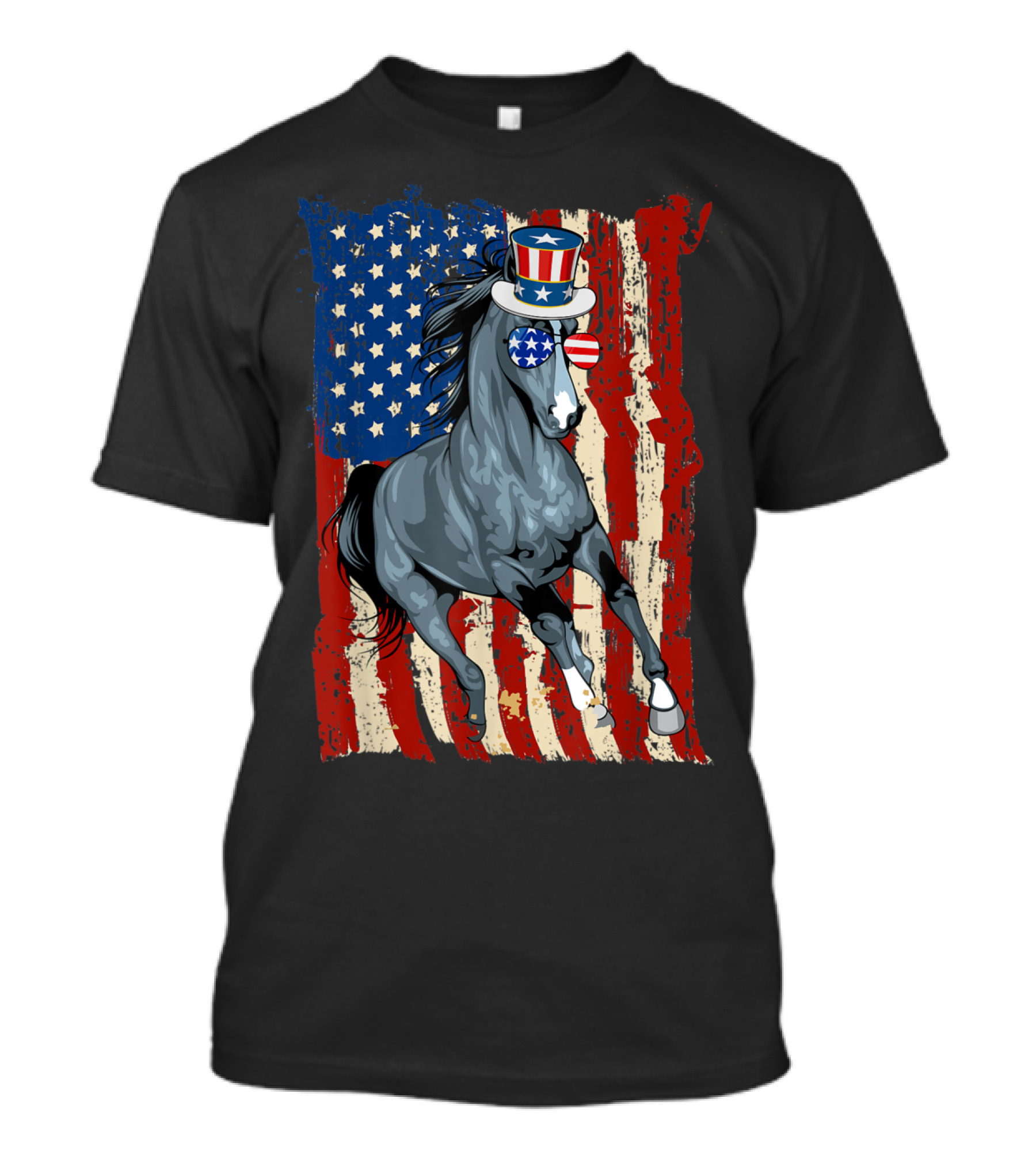 Patriotic Horse With American Flag And Uncle Sam Hat For 4th Of July T-Shirt