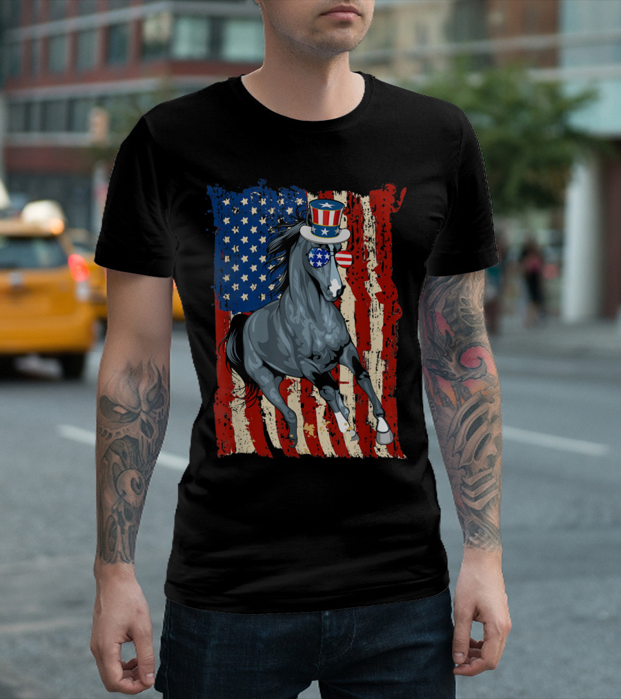 Patriotic Horse With American Flag And Uncle Sam Hat For 4th Of July T-Shirt