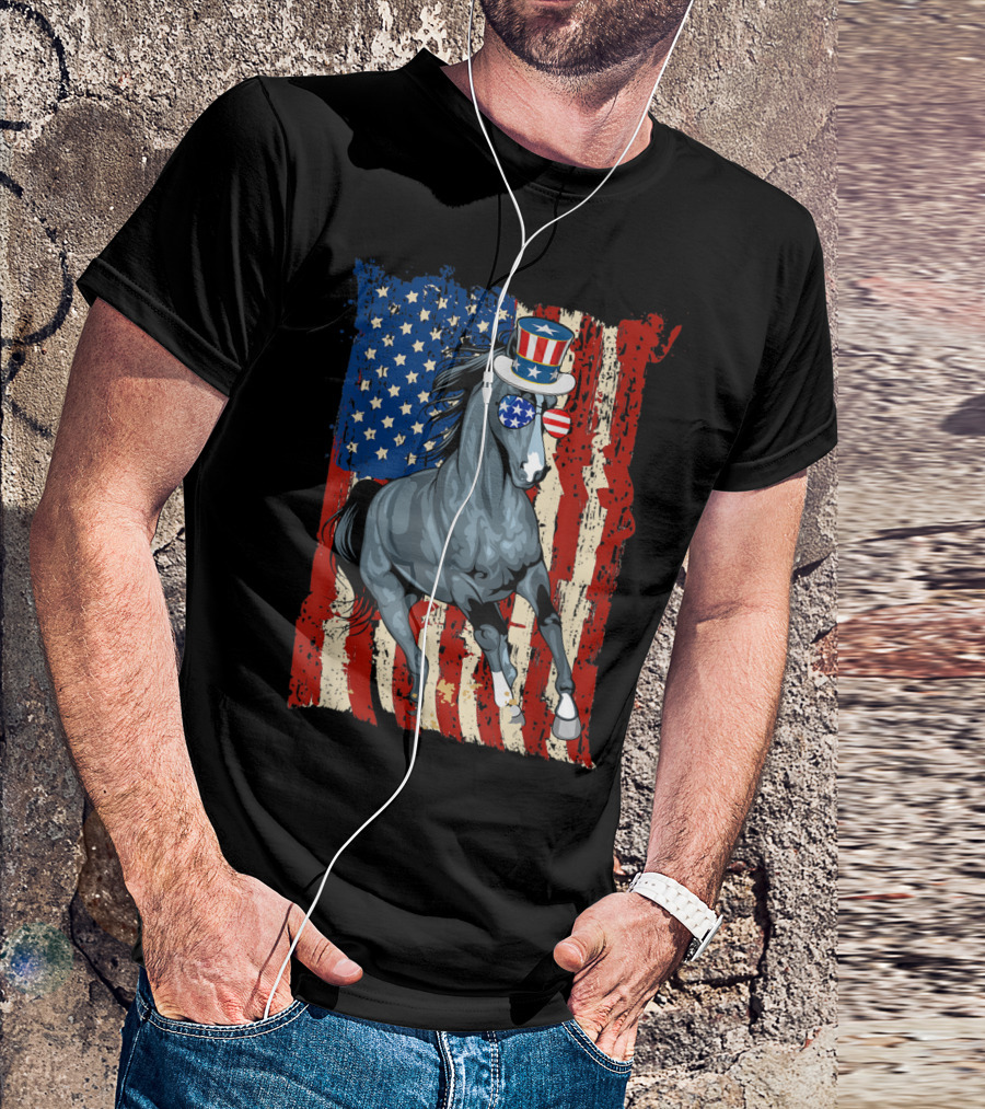 Patriotic Horse With American Flag And Uncle Sam Hat For 4th Of July T-Shirt