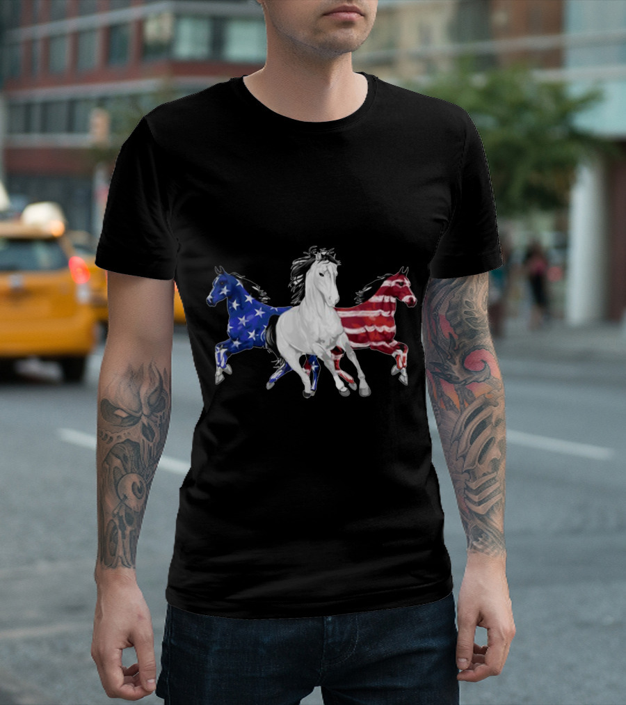 Horse Trio with American Flag Colors Stars Stripes T-Shirt