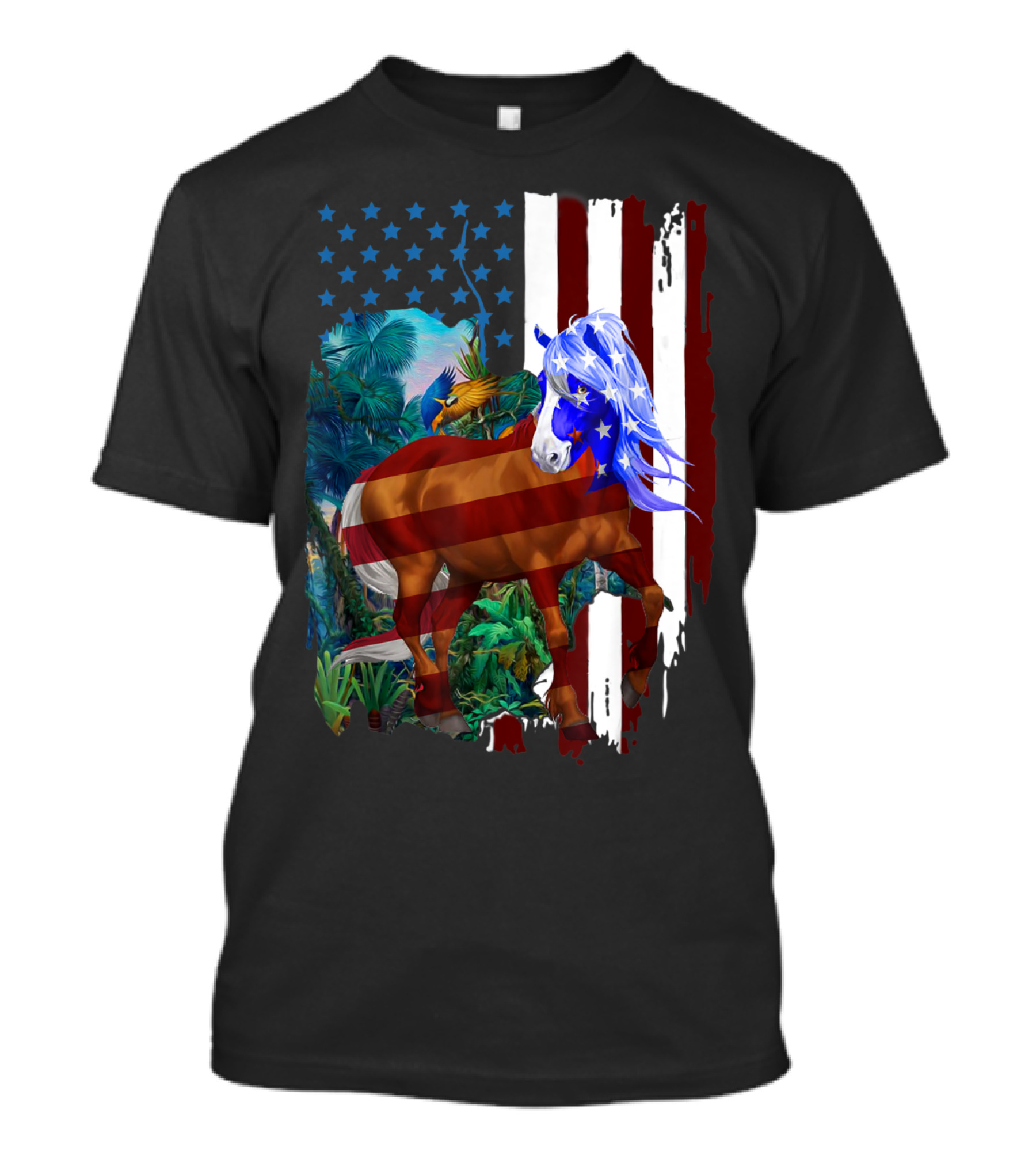 American Flag Horse With Patriotic Stars And Stripes For 4th Of July Celebration In Tropical Jungle Setting T-Shirt