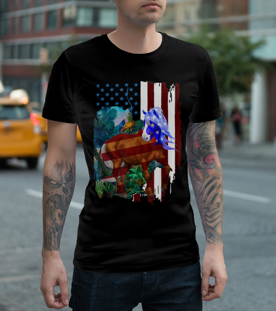 American Flag Horse With Patriotic Stars And Stripes For 4th Of July Celebration In Tropical Jungle Setting T-Shirt