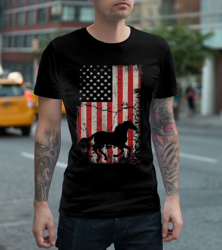 Patriotic Horse Silhouette With American Flag Background T-Shirt