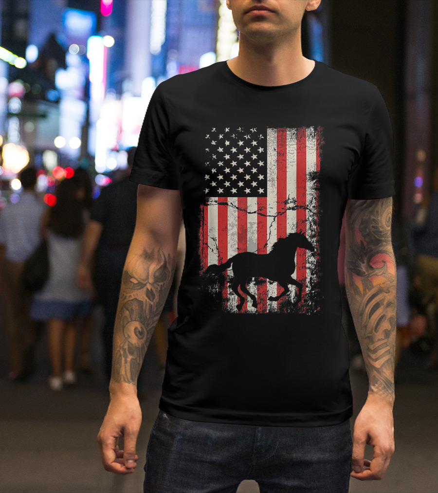 Patriotic Horse Silhouette With American Flag Background T-Shirt