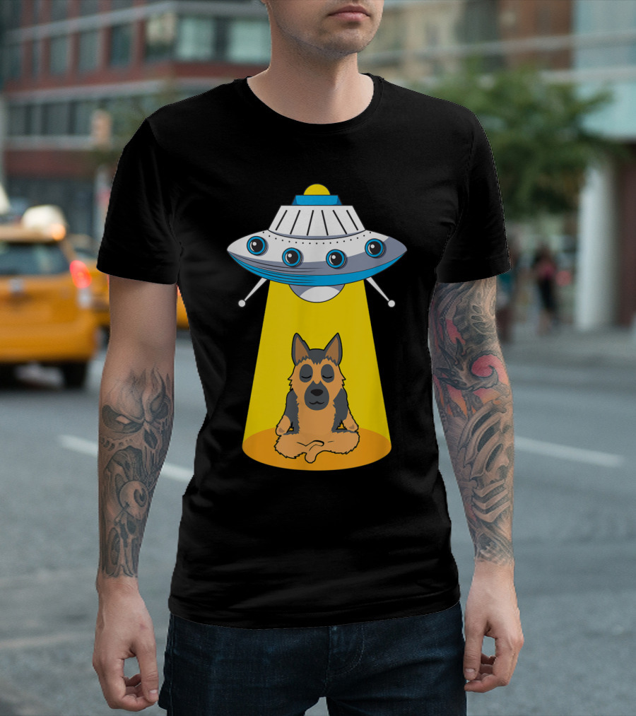UFO Beaming Up Meditating German Shepherd Alien Humor T-Shirt