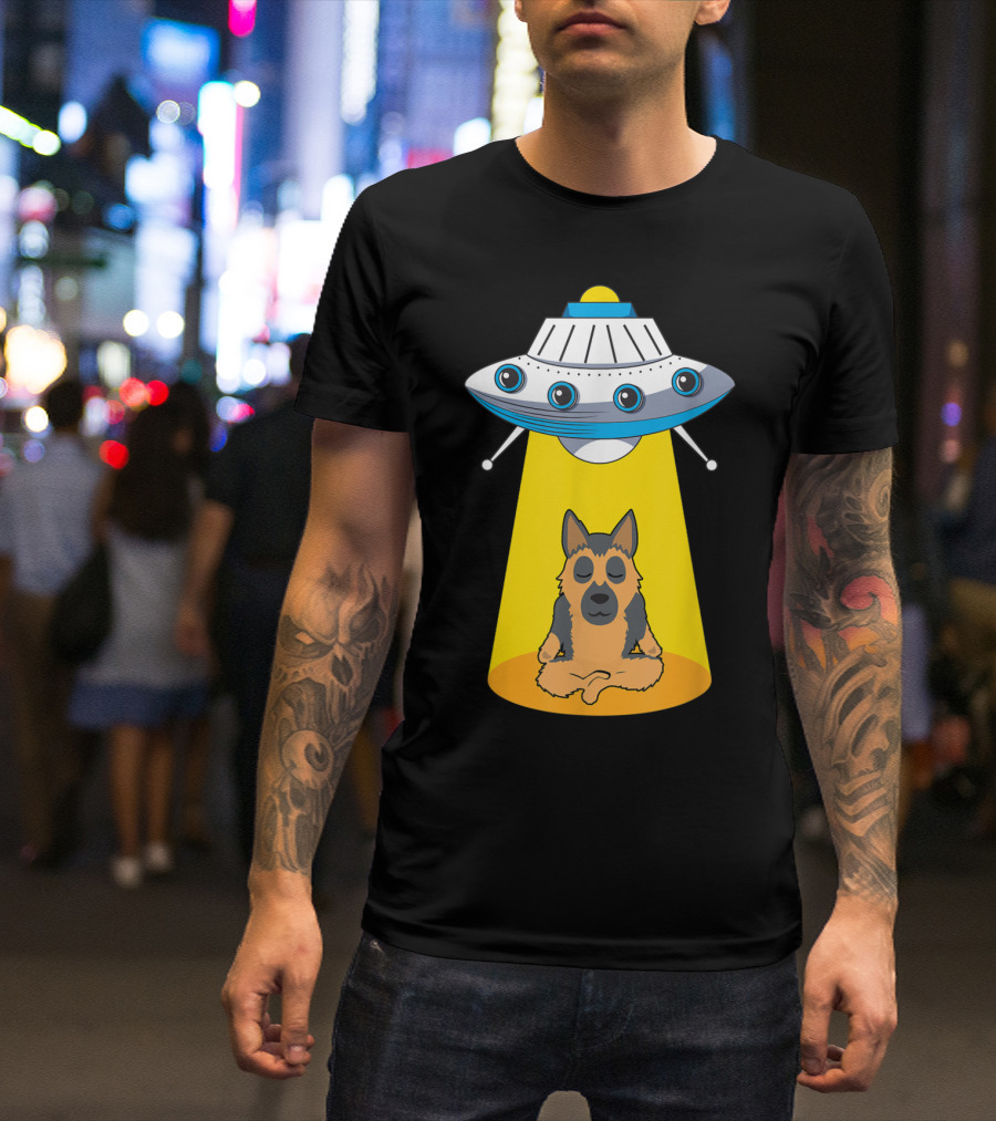 UFO Beaming Up Meditating German Shepherd Alien Humor T-Shirt