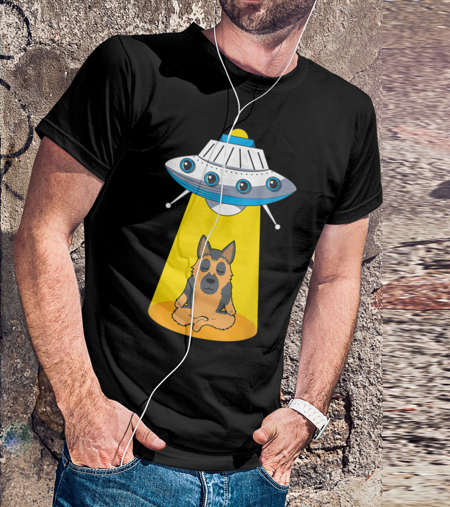 UFO Beaming Up Meditating German Shepherd Alien Humor T-Shirt