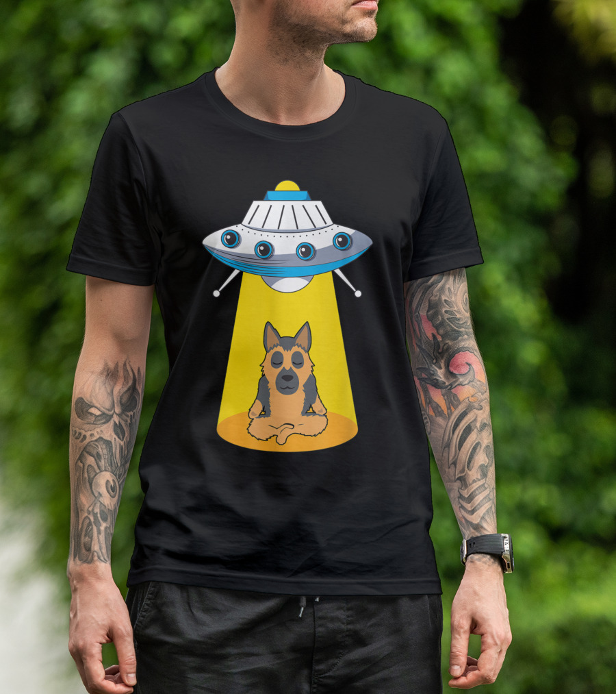 UFO Beaming Up Meditating German Shepherd Alien Humor T-Shirt