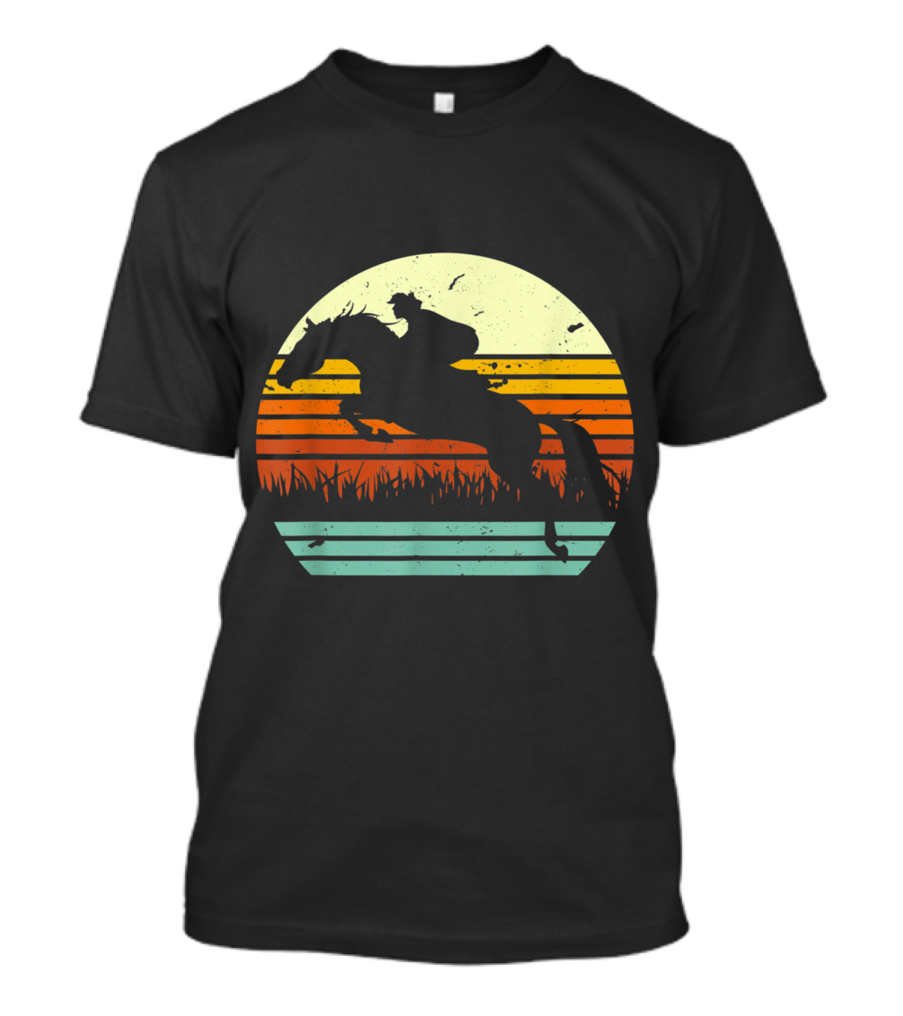 Retro Horse And Rider Show Jumping Silhouette With Sunset Stripes T-Shirt