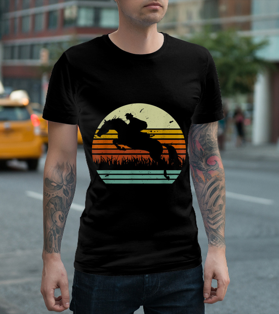 Retro Horse And Rider Show Jumping Silhouette With Sunset Stripes T-Shirt