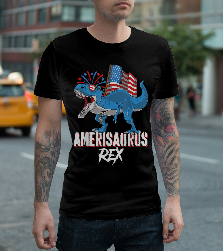 Amerisaurus Rex Dinosaur 4th of July Kids with American Flag and Fireworks T-Shirt