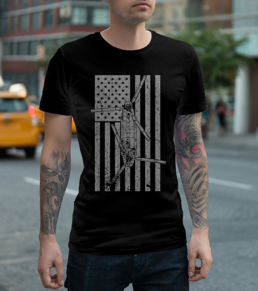 CH 47 Chinook Military Helicopter Vintage USA Flag T-Shirt