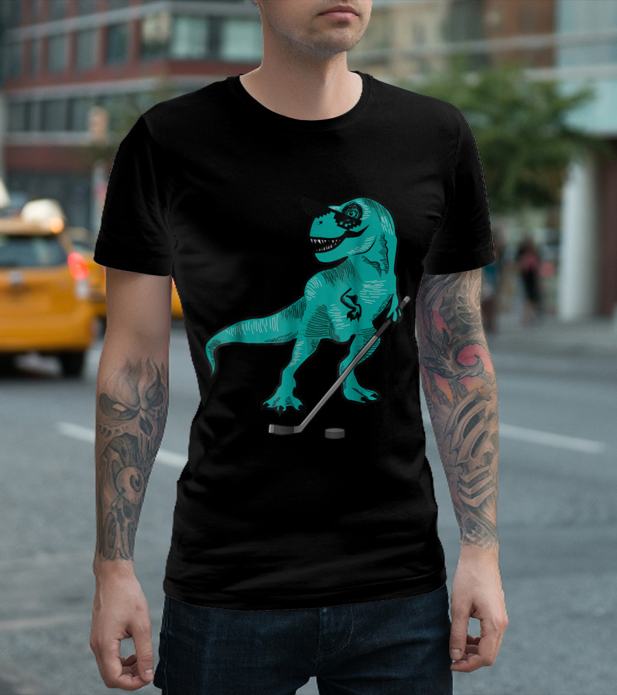 T-Rex Dinosaur with Hockey Stick and Puck Wearing Cool Sunglasses T-Shirt