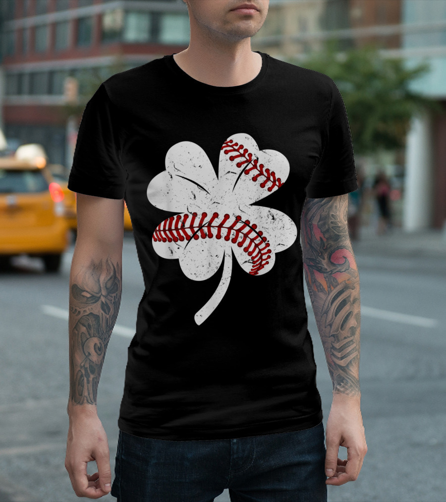 Baseball Shamrock Clover Irish St Patricks Vintage Red Stitching T-Shirt